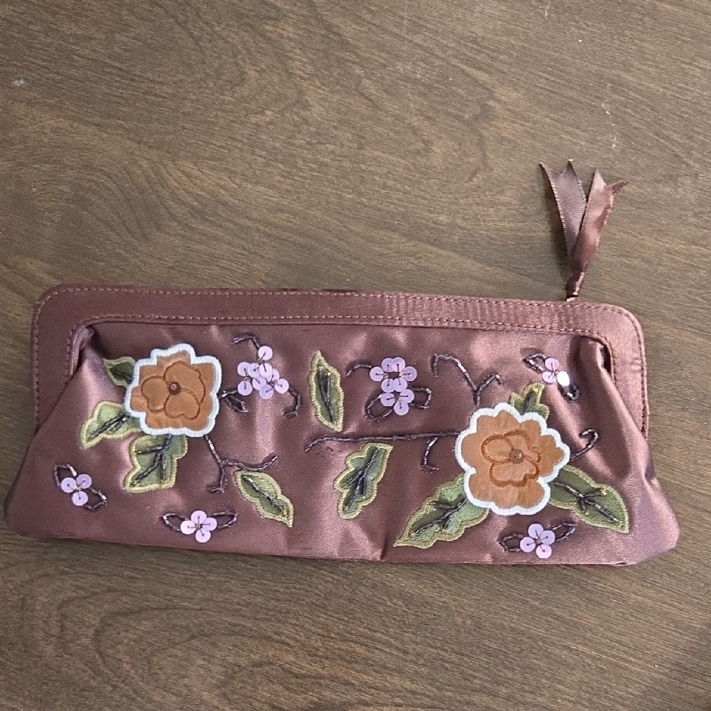 Source Unknown Floral Embroidered Cosmetic Bag - Brown and Green